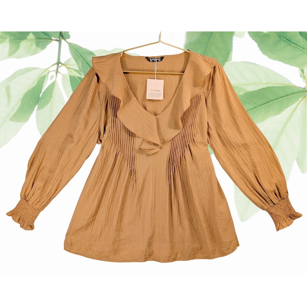 Bloomchic‎ Sz 10 Long Sleeve Ruffle Neck Pintuck Blouse Babydoll Top Camel
